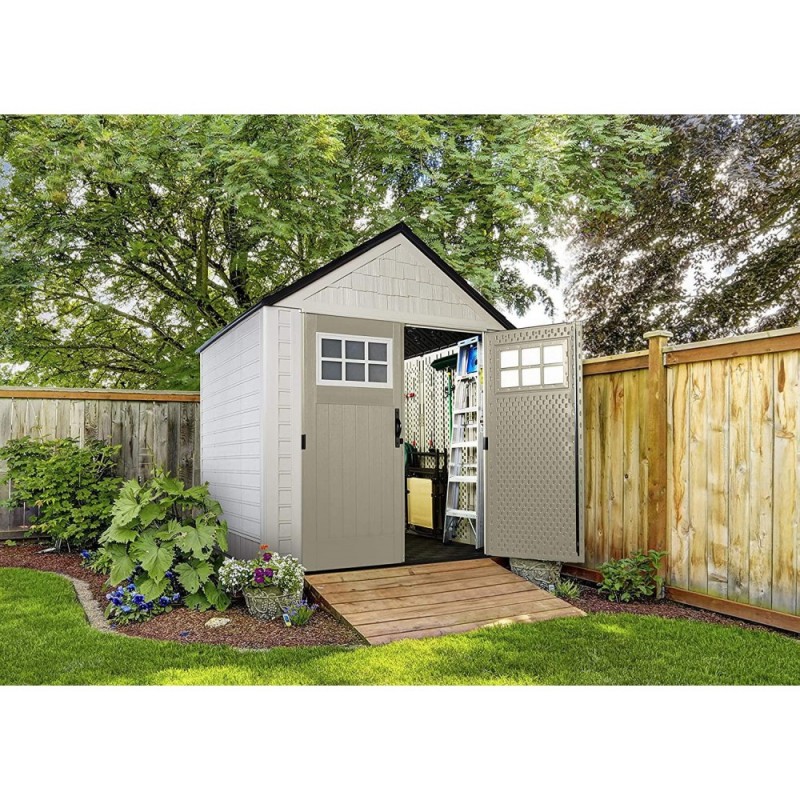 Rubbermaid 7x7 Ft Durable Weather Resistant Resin Outdoor Garden Storage Shed with Windows and Utility Hooks, Sand
