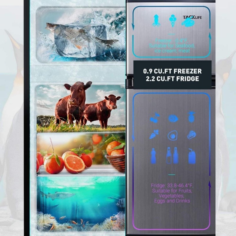 Mini Fridge with Freezer, 3.1 Cu.Ft Small Refrigerator, Compact Refrigerator with LED Light, 2 doors, Mini Fridge for Bedroom, Office, Dorm, RV, Garage, Stainless Steel Sliver -HPVFR310