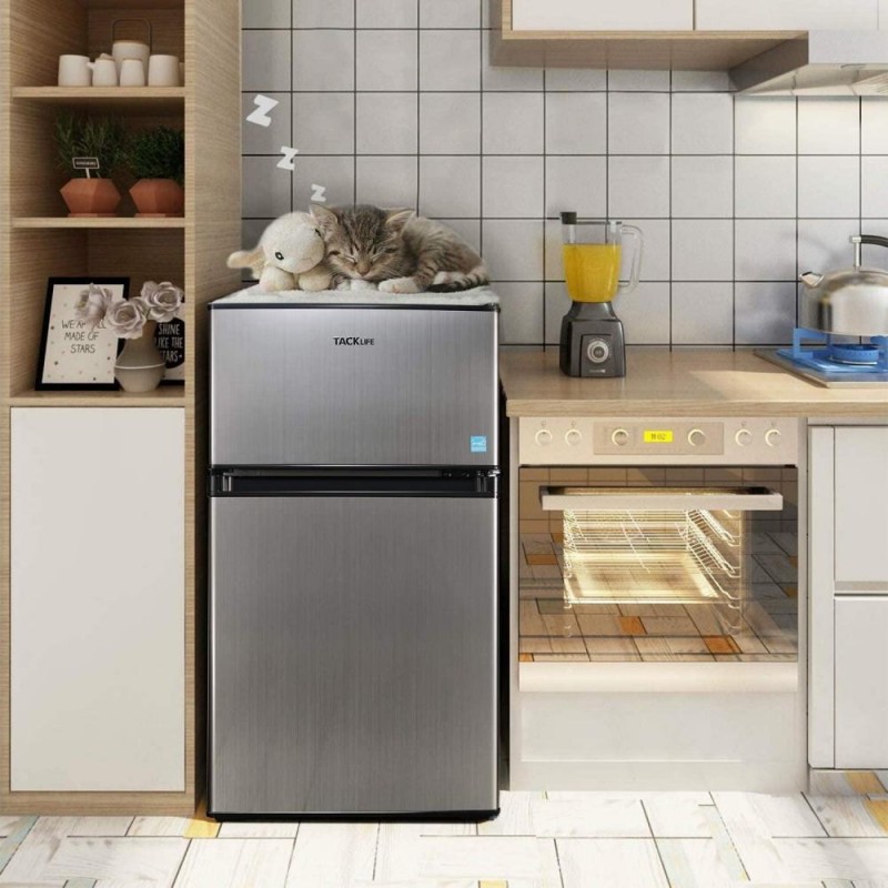 Mini Fridge with Freezer, 3.1 Cu.Ft Small Refrigerator, Compact Refrigerator with LED Light, 2 doors, Mini Fridge for Bedroom, Office, Dorm, RV, Garage, Stainless Steel Sliver -HPVFR310