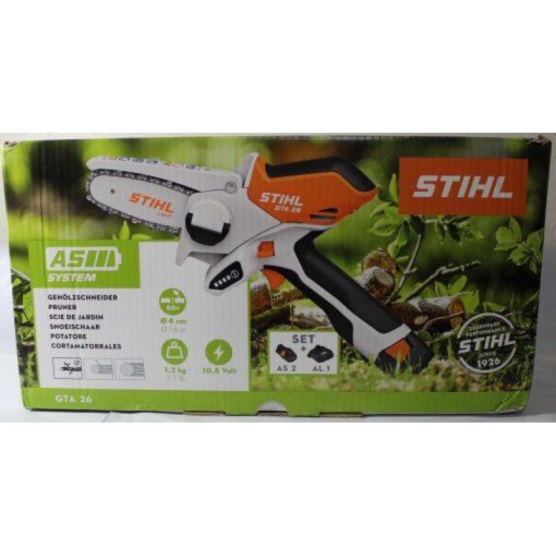 STIHL GTA 26 PRUNER CHAINSAW W/CARRYING CASE, BATTERY AND CHARGER.