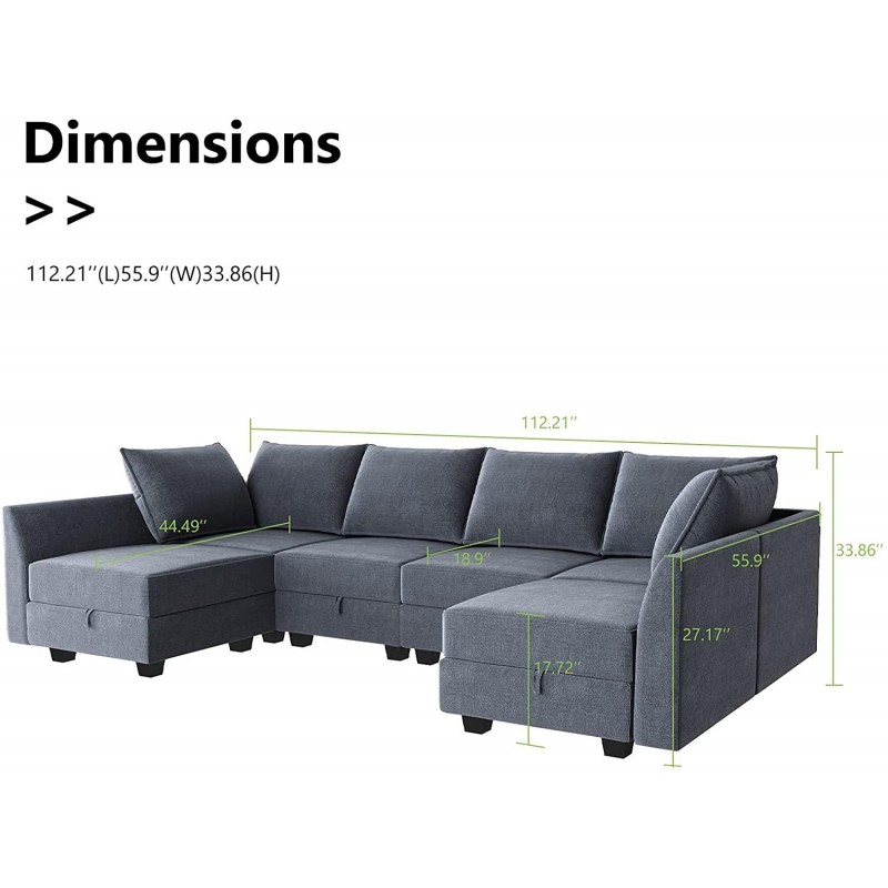 Bluish Grey U-Shape Reversible Sectional Sofa w/ Chaise