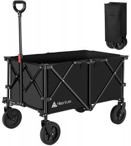 Hikenture Folding Wagon Cart, Portable Large Capacity Beach Wagon, Heavy Duty Utility Collapsible Wagon with All-Terrain Wheels, Outdoor Garden Cart Foldable Wagon for Sports, Shopping, Camping(Black)