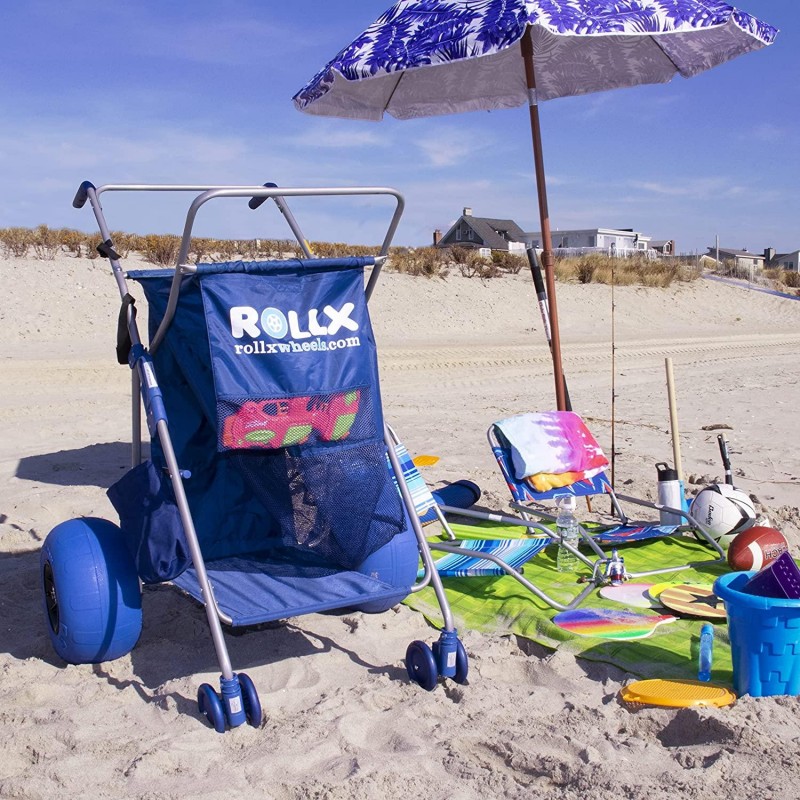 RollX Foldable Storage Wagon Beach Cart 12 inch Balloon Wheels - ( Pump Included ) (Blue)