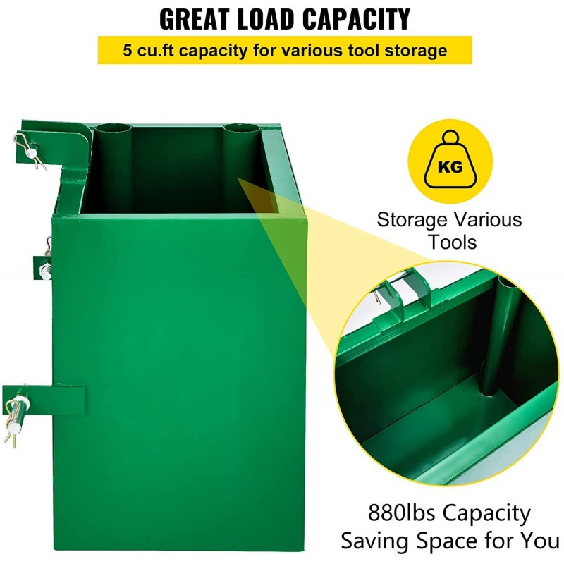 BestEquip 3 Point Ballast Box, 800lbs Capacity Hitch Ballast Box, Standard 2'' Hitch Receiver, Tractor Ballast Box with 5cu.ft Volume, Heavy Duty Steel, Fits Category 1 Tractor Attachment,Green