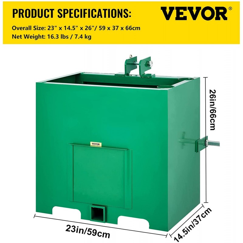 BestEquip 3 Point Ballast Box, 800lbs Capacity Hitch Ballast Box, Standard 2'' Hitch Receiver, Tractor Ballast Box with 5cu.ft Volume, Heavy Duty Steel, Fits Category 1 Tractor Attachment,Green