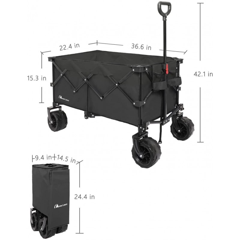 Moon Lence Collapsible Folding Wagon Cart Heavy Duty Folding Garden Portable Hand Cart with All-Terrain Beach Wheels, Adjustable Handle & Drink Holders