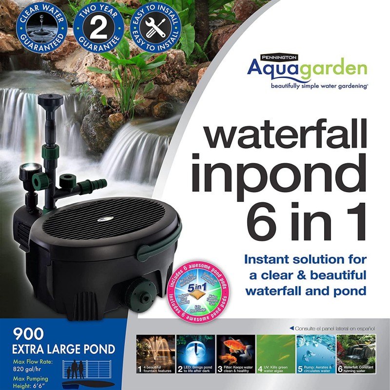 Pennington Aquagarden, Inpond 6 in 1 Pond & Water Pump, Filter, UV Clarifier, LED Spotlight, Waterfall, Fountain, All in One Solution for a Clean, Clear and Beautiful Pond, for Ponds up to 900 Gallon