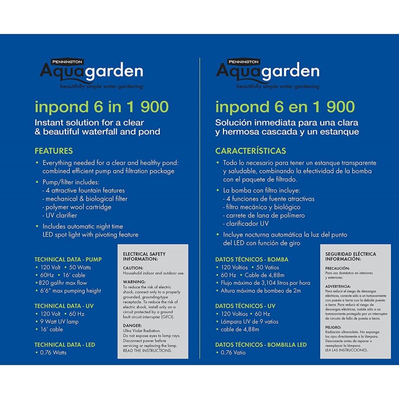 Pennington Aquagarden, Inpond 6 in 1 Pond & Water Pump, Filter, UV Clarifier, LED Spotlight, Waterfall, Fountain, All in One Solution for a Clean, Clear and Beautiful Pond, for Ponds up to 900 Gallon