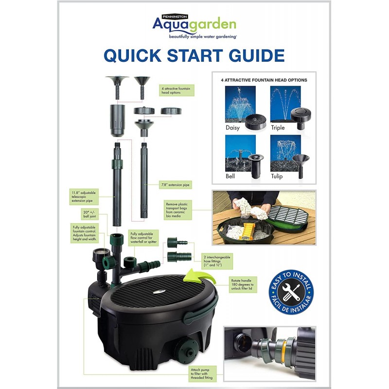 Pennington Aquagarden, Inpond 6 in 1 Pond & Water Pump, Filter, UV Clarifier, LED Spotlight, Waterfall, Fountain, All in One Solution for a Clean, Clear and Beautiful Pond, for Ponds up to 900 Gallon