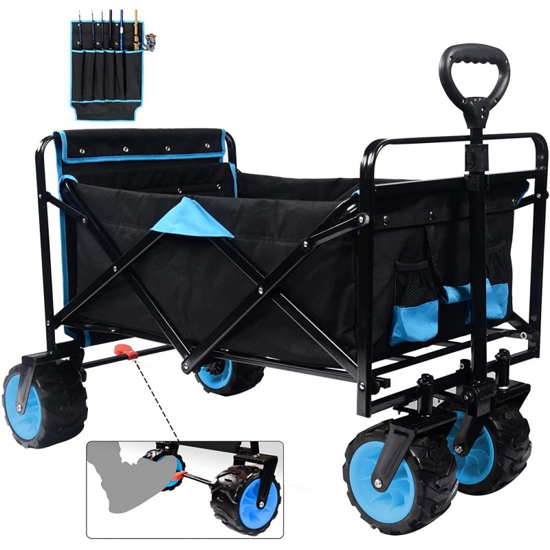 All Terrain Collapsible Wagon Cart with Big Wheels, 350 Pound Capacity Heavy Duty Enlarged Utility Folding Beach Garden Wagon Cart with Brake & Adjustable Handle for Outdoor Camping Shopping