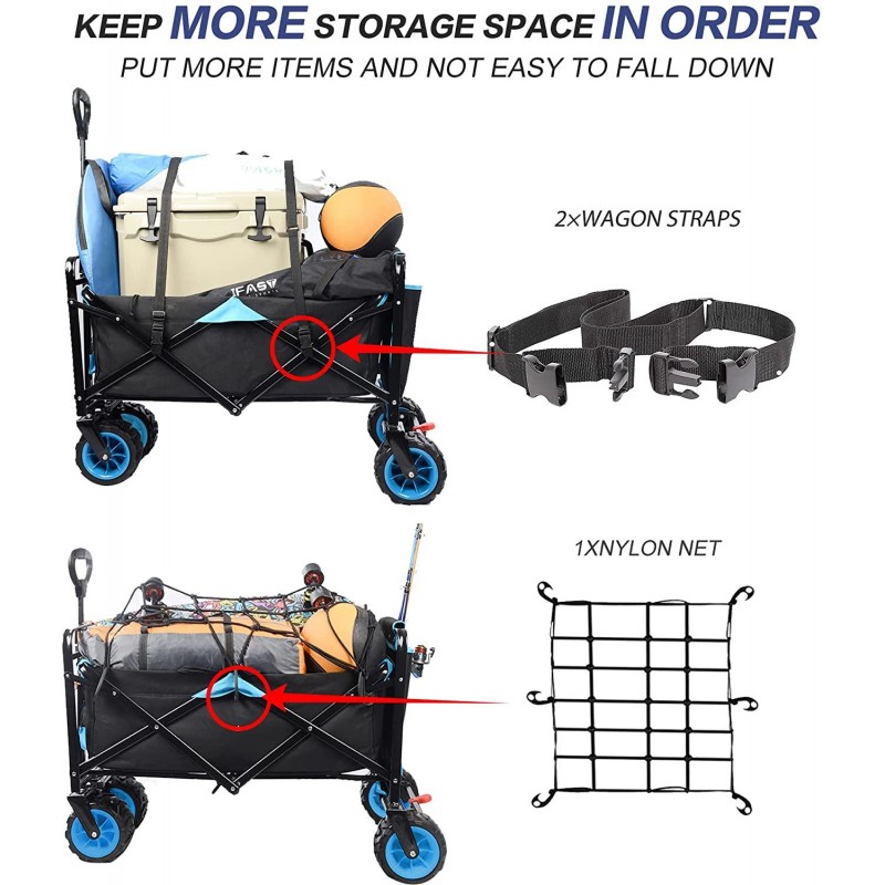 All Terrain Collapsible Wagon Cart with Big Wheels, 350 Pound Capacity Heavy Duty Enlarged Utility Folding Beach Garden Wagon Cart with Brake & Adjustable Handle for Outdoor Camping Shopping