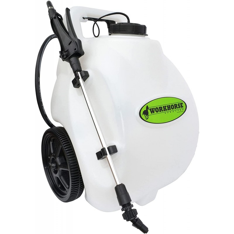 Workhorse Sprayers LG05SS Rechargeable Spot Sprayer - White Portable Sprayer with Wheels, Vertical & Horizontal Stream Range, 5 Gallon Tank. Garden Sprayer