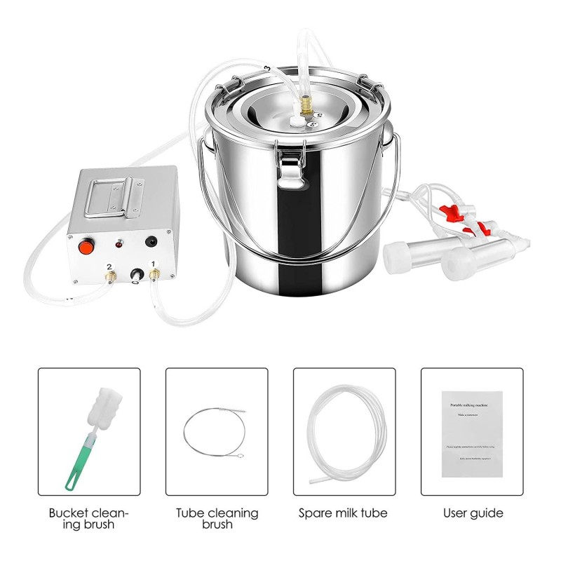 SEAAN Goat Milking Machine Goat Milker Electric Milking Machine with 2 Teat Cups Pulsation Vacuum Pump Stainless Steel Bucket 7L for Goat