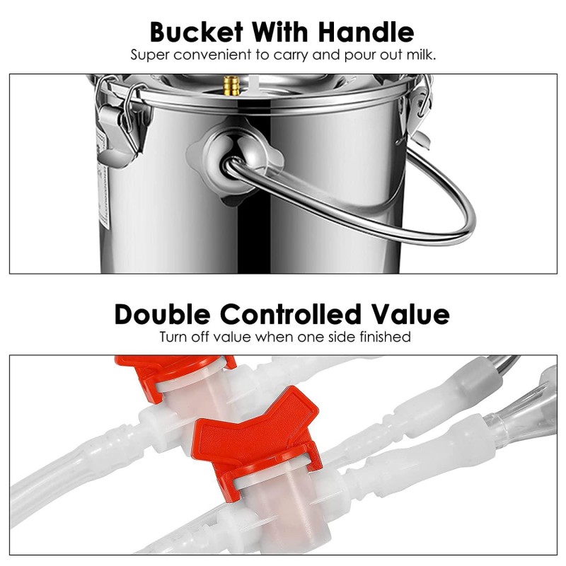 SEAAN Goat Milking Machine Goat Milker Electric Milking Machine with 2 Teat Cups Pulsation Vacuum Pump Stainless Steel Bucket 7L for Goat