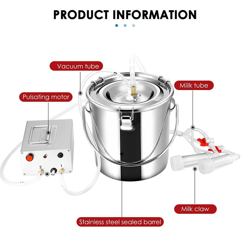 SEAAN Goat Milking Machine Goat Milker Electric Milking Machine with 2 Teat Cups Pulsation Vacuum Pump Stainless Steel Bucket 7L for Goat