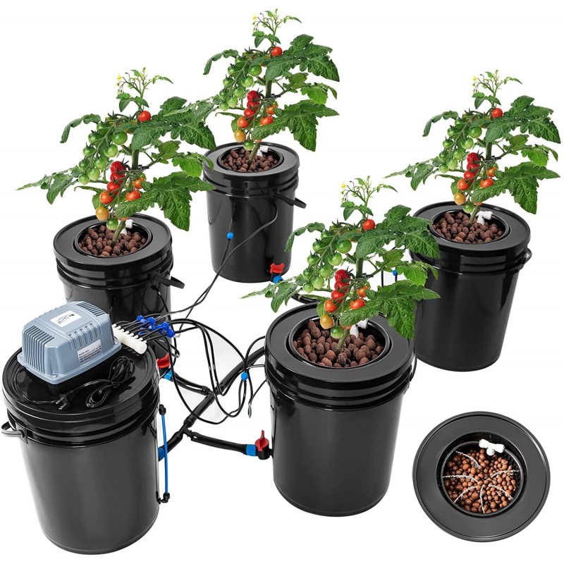 Bavnnro DWC Hydroponic Bucket System, Recirculating Top Feed Drip Hydroponics Growing System 5 Gallon Deep Water Culture Bucket System Kit for Herbs/Vegetables/Fruits(4 Bucket + Reservoir + Drip Kit)