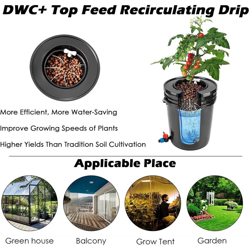 Bavnnro DWC Hydroponic Bucket System, Recirculating Top Feed Drip Hydroponics Growing System 5 Gallon Deep Water Culture Bucket System Kit for Herbs/Vegetables/Fruits(4 Bucket + Reservoir + Drip Kit)