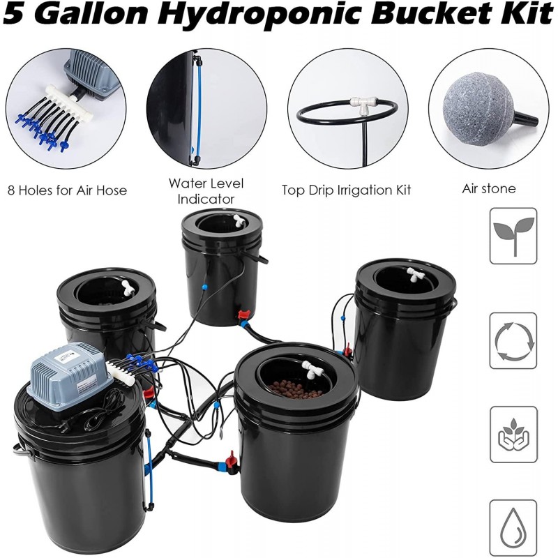 Bavnnro DWC Hydroponic Bucket System, Recirculating Top Feed Drip Hydroponics Growing System 5 Gallon Deep Water Culture Bucket System Kit for Herbs/Vegetables/Fruits(4 Bucket + Reservoir + Drip Kit)