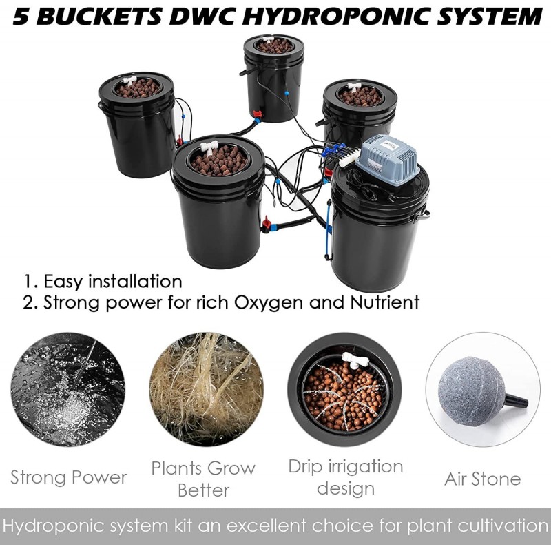 Bavnnro DWC Hydroponic Bucket System, Recirculating Top Feed Drip Hydroponics Growing System 5 Gallon Deep Water Culture Bucket System Kit for Herbs/Vegetables/Fruits(4 Bucket + Reservoir + Drip Kit)