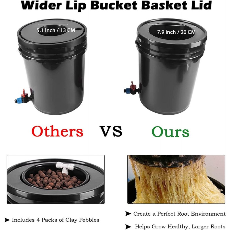 Bavnnro DWC Hydroponic Bucket System, Recirculating Top Feed Drip Hydroponics Growing System 5 Gallon Deep Water Culture Bucket System Kit for Herbs/Vegetables/Fruits(4 Bucket + Reservoir + Drip Kit)