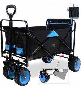 Collapsible Heavy Duty Beach Wagon Cart Outdoor Folding Utility Camping Garden Beach Cart with Universal Wheels Adjustable Handle Shopping (Black＆Blue)