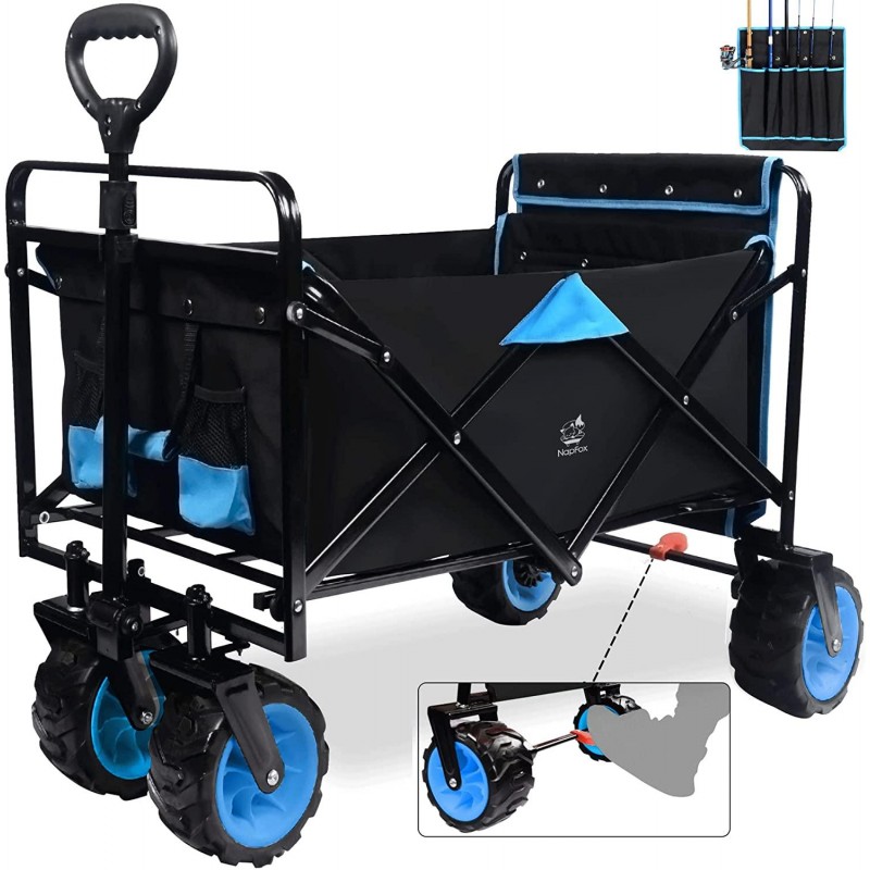 Collapsible Heavy Duty Beach Wagon Cart Outdoor Folding Utility Camping Garden Beach Cart with Universal Wheels Adjustable Handle Shopping (Black＆Blue)