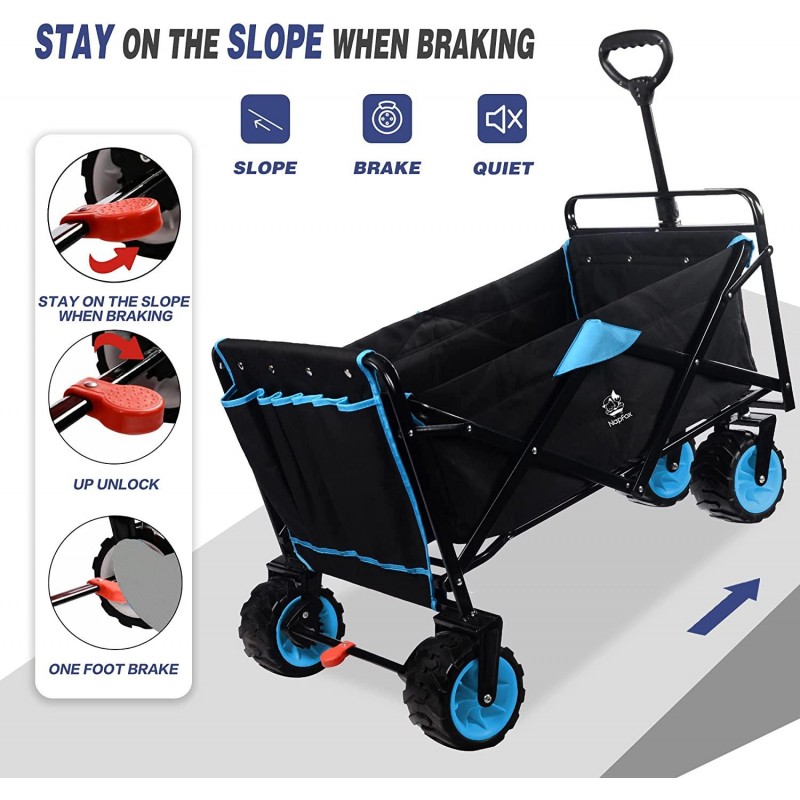 Collapsible Heavy Duty Beach Wagon Cart Outdoor Folding Utility Camping Garden Beach Cart with Universal Wheels Adjustable Handle Shopping (Black＆Blue)