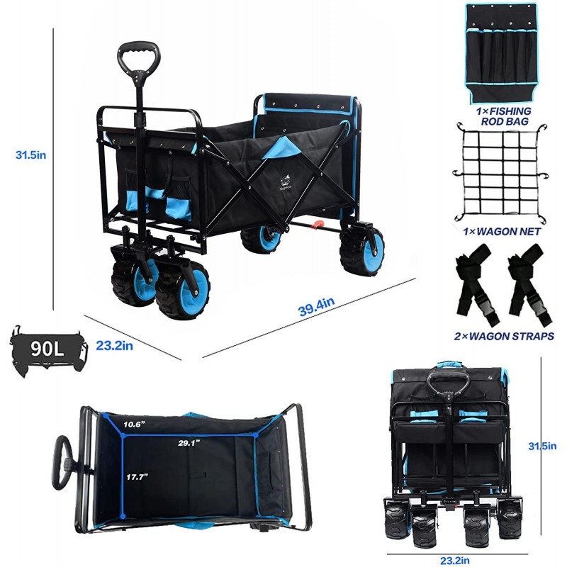 Collapsible Heavy Duty Beach Wagon Cart Outdoor Folding Utility Camping Garden Beach Cart with Universal Wheels Adjustable Handle Shopping (Black＆Blue)