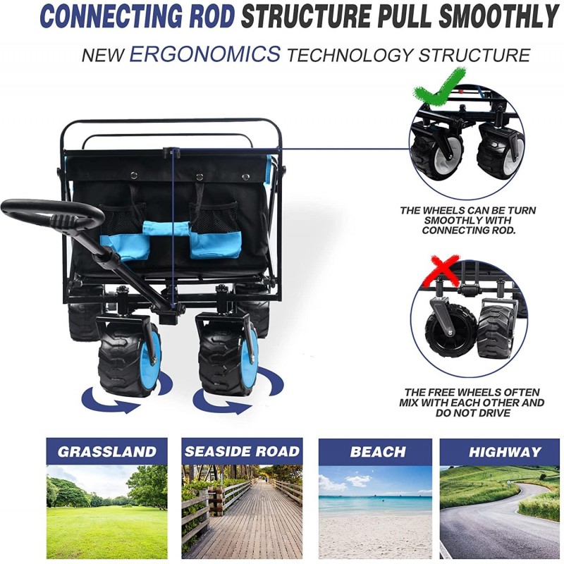 Collapsible Heavy Duty Beach Wagon Cart Outdoor Folding Utility Camping Garden Beach Cart with Universal Wheels Adjustable Handle Shopping (Black＆Blue)
