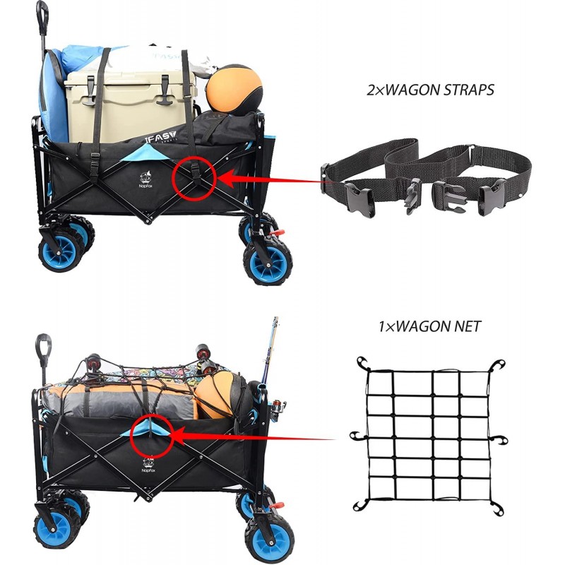 Collapsible Heavy Duty Beach Wagon Cart Outdoor Folding Utility Camping Garden Beach Cart with Universal Wheels Adjustable Handle Shopping (Black＆Blue)