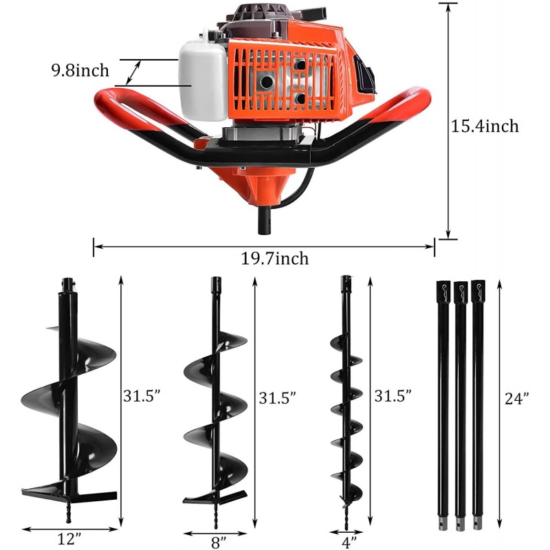 DatingDay 72cc Auger Post Hole Digger,2-Stroke 4HP Gas Powered Earth Digging Engine with 3 Auger Drill Bits (4