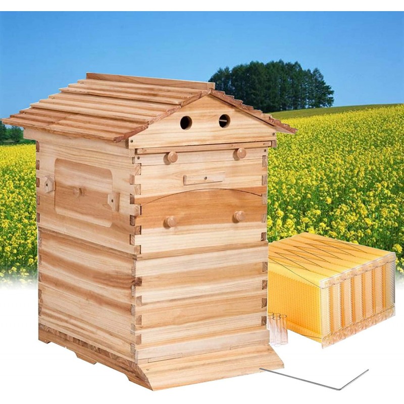 Adasea Flow Hive, Auto Flow Beehive, Beekeeping Wooden House with 7 PCS Auto Honey Beehive Frame, Food Grade BPA Free (Beehive Frame+Wooden Box)