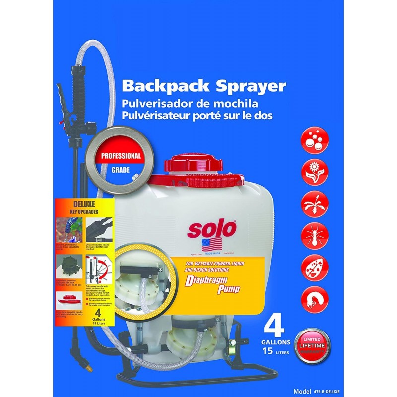 Solo 475-B-DELUXE Professional Diaphragm Pump Backpack Sprayer, 4-Gallon, Bleach Resistant Pump Assembly
