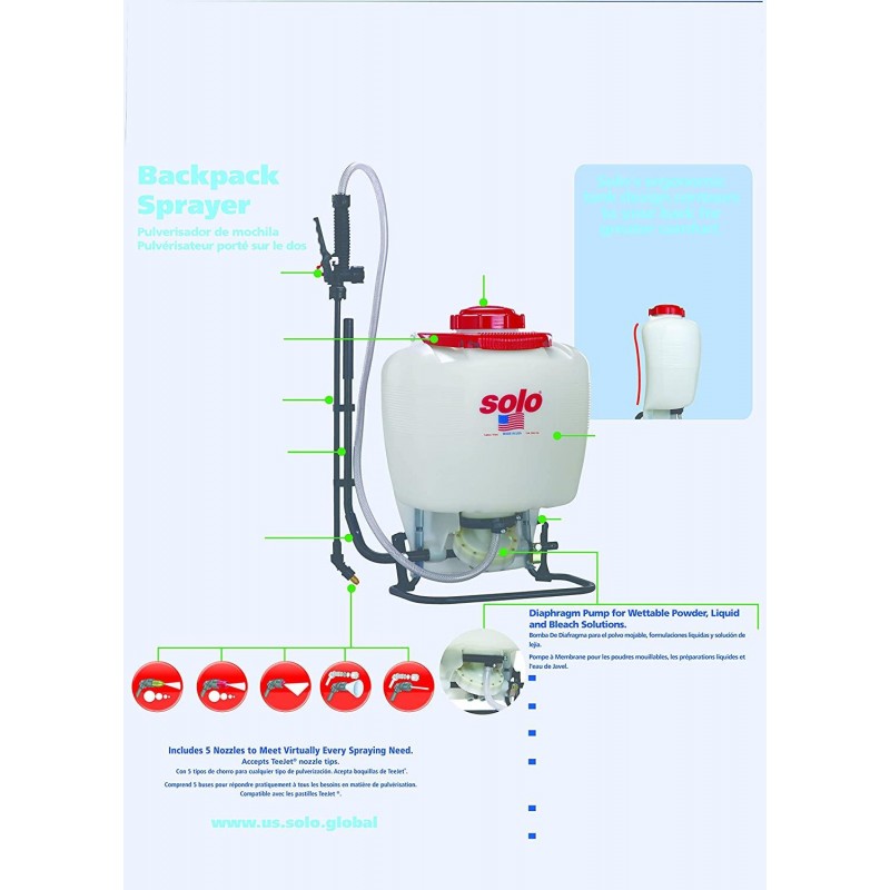 Solo 475-B-DELUXE Professional Diaphragm Pump Backpack Sprayer, 4-Gallon, Bleach Resistant Pump Assembly