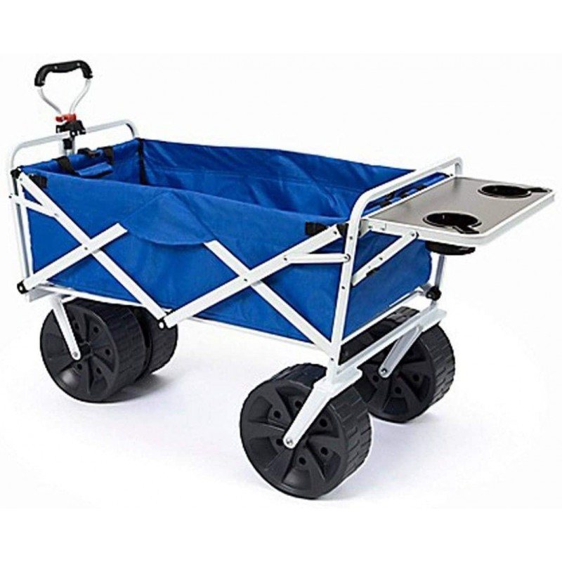 MacSports All Terrain Beach Wagon with Side Table|Heavy Duty Collapsible Folding Cart with Large Wheels for Beach Day, Picnic, Camping, Outdoor Activities | Blue/White