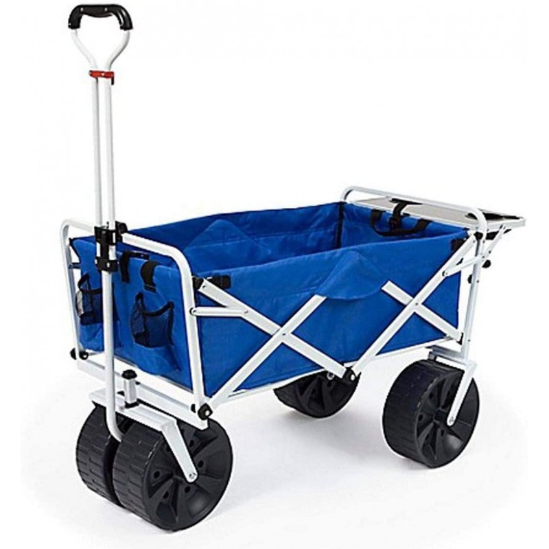 MacSports All Terrain Beach Wagon with Side Table|Heavy Duty Collapsible Folding Cart with Large Wheels for Beach Day, Picnic, Camping, Outdoor Activities | Blue/White