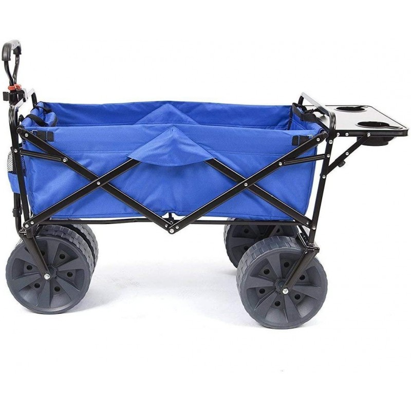 MacSports All Terrain Beach Wagon with Side Table|Heavy Duty Collapsible Folding Cart with Large Wheels for Beach Day, Picnic, Camping, Outdoor Activities | Blue/White
