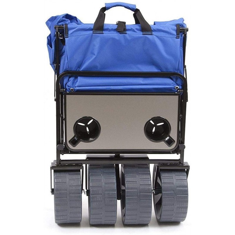 MacSports All Terrain Beach Wagon with Side Table|Heavy Duty Collapsible Folding Cart with Large Wheels for Beach Day, Picnic, Camping, Outdoor Activities | Blue/White