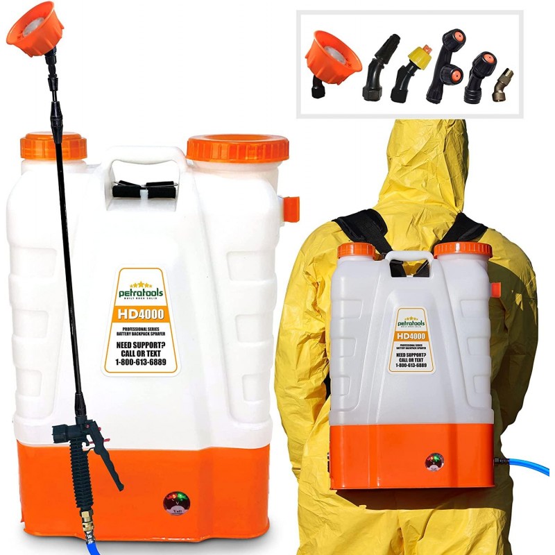 PetraTools 4 Gallon Battery Powered Backpack Sprayer – Extended Spray Time Long-Life Battery - New HD Wand Included, Wide Mouth Lid, Multiple Nozzles & Battery Included