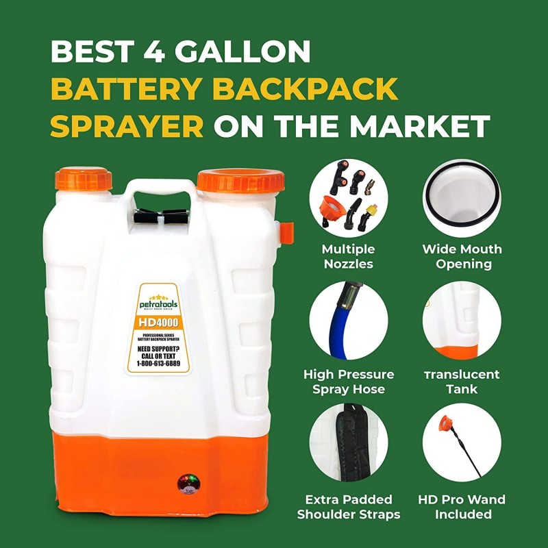 PetraTools 4 Gallon Battery Powered Backpack Sprayer – Extended Spray Time Long-Life Battery - New HD Wand Included, Wide Mouth Lid, Multiple Nozzles & Battery Included