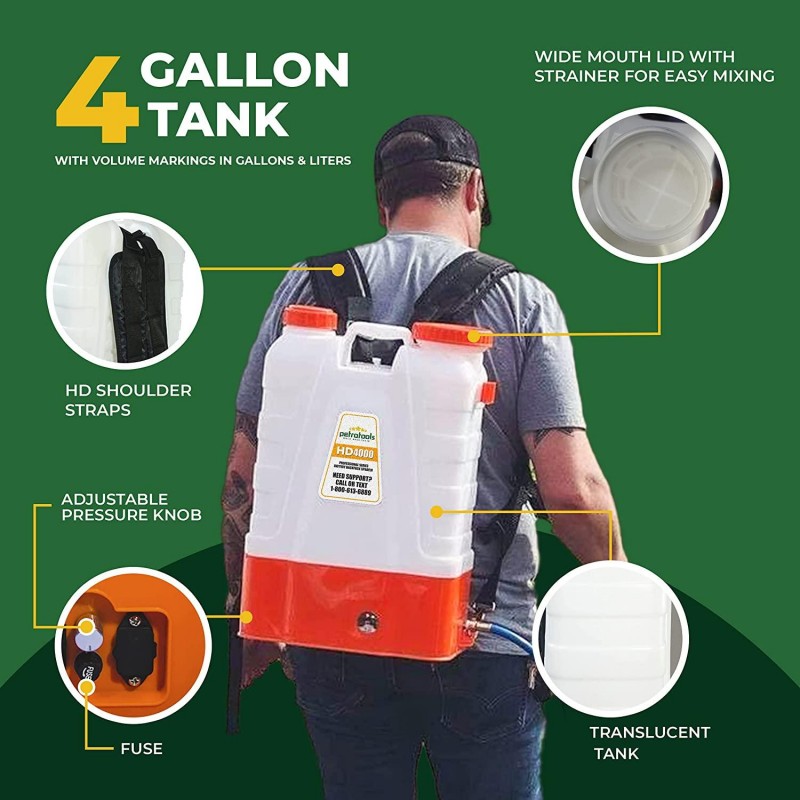 PetraTools 4 Gallon Battery Powered Backpack Sprayer – Extended Spray Time Long-Life Battery - New HD Wand Included, Wide Mouth Lid, Multiple Nozzles & Battery Included