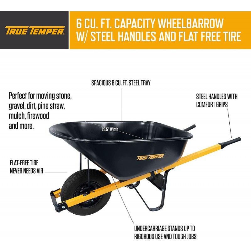 True Temper R6STFFEC 6 Cu. Ft Steel Tray Wheelbarrow with Never Flat Tire & Steel Handles, Black