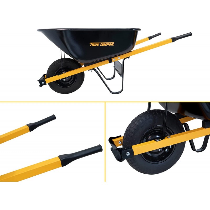 True Temper R6STFFEC 6 Cu. Ft Steel Tray Wheelbarrow with Never Flat Tire & Steel Handles, Black