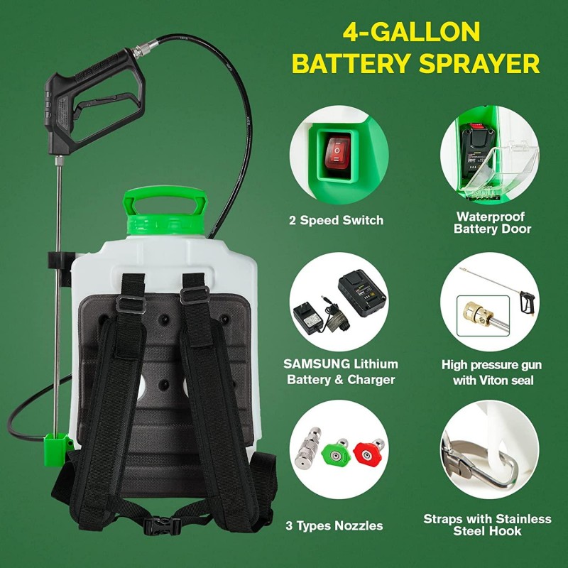ALIENTABI Backpack Sprayer 4 Gallon, Battery Powered Backpack Sprayer with 2.6Ah Lithium Battery for Weeding, Spraying, Cleaning