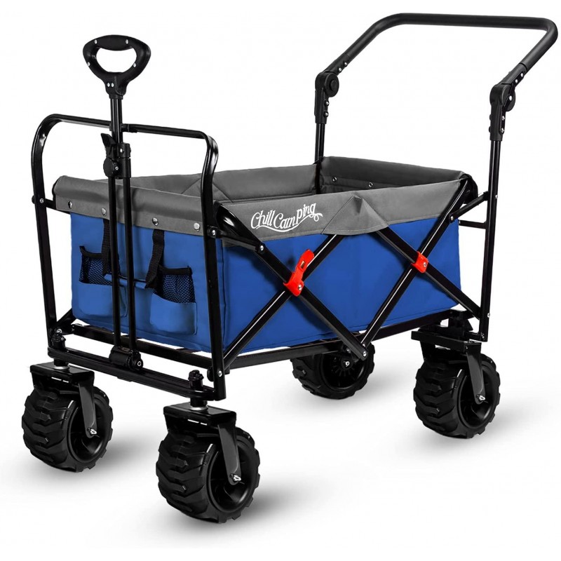 Push and Pull Beach Wagon with Big Wide Rubber Wheels, All Terrain Heavy Duty Grocery Cart Utility Collapsible Wagon for Outdoor Garden Picnic Beach Sports Camping, Blue