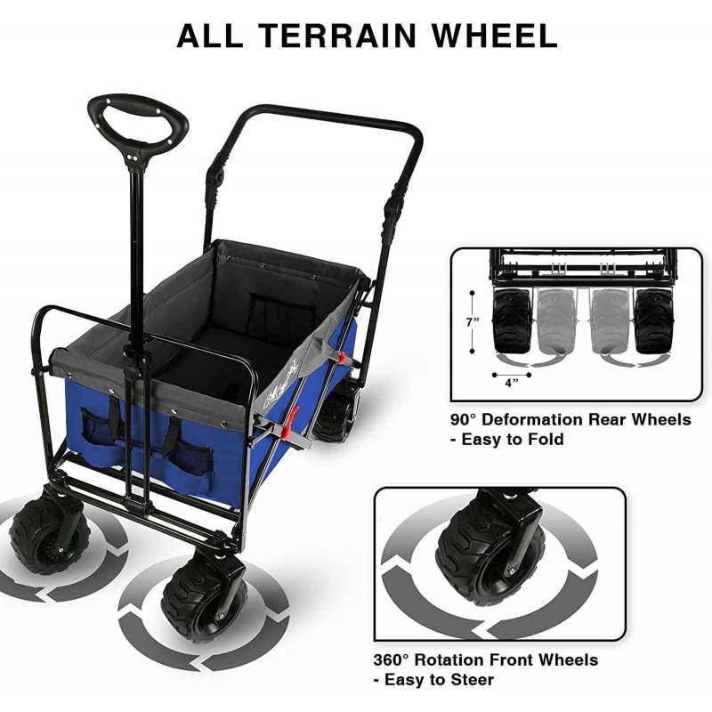 Push and Pull Beach Wagon with Big Wide Rubber Wheels, All Terrain Heavy Duty Grocery Cart Utility Collapsible Wagon for Outdoor Garden Picnic Beach Sports Camping, Blue