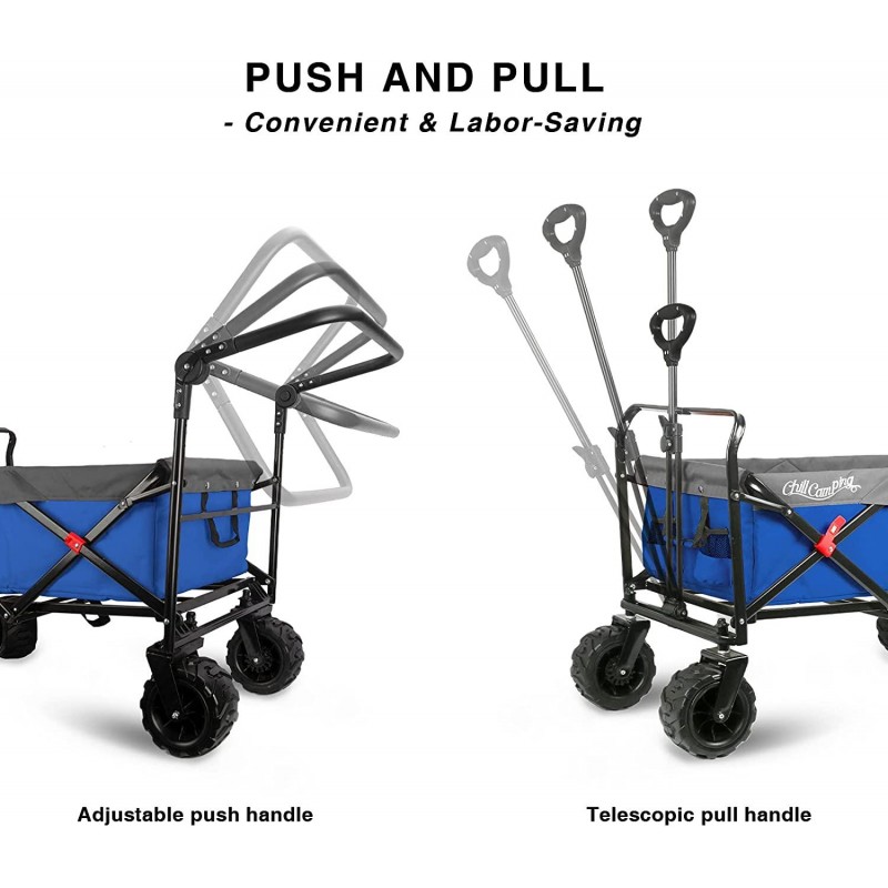 Push and Pull Beach Wagon with Big Wide Rubber Wheels, All Terrain Heavy Duty Grocery Cart Utility Collapsible Wagon for Outdoor Garden Picnic Beach Sports Camping, Blue