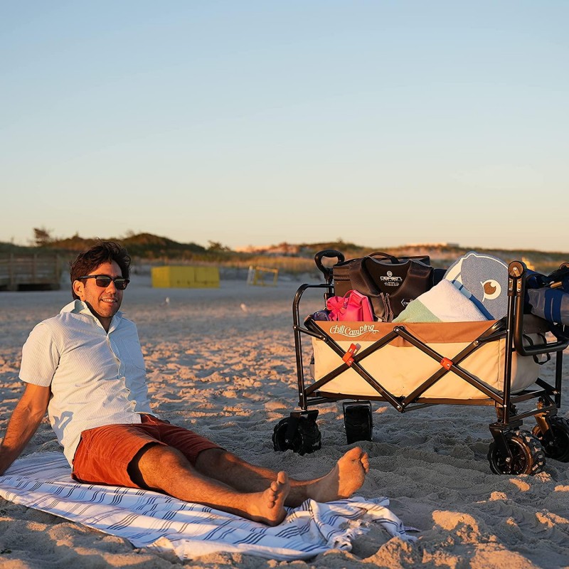 Push and Pull Beach Wagon with Big Wide Rubber Wheels, All Terrain Heavy Duty Grocery Cart Utility Collapsible Wagon for Outdoor Garden Picnic Beach Sports Camping, Blue