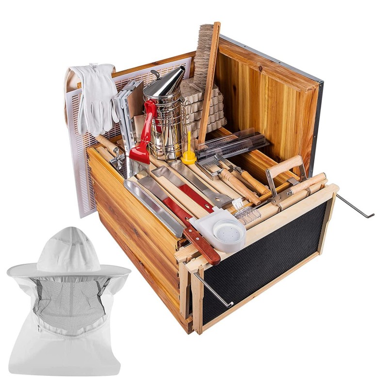Beehive Starter Kit, 10-Frame Bee Hives & 24Pcs Beekeeping Supplies Tools Kit, Wax Coated and Painted Honey Bee Box and Professional Beekeeping Starter Tools