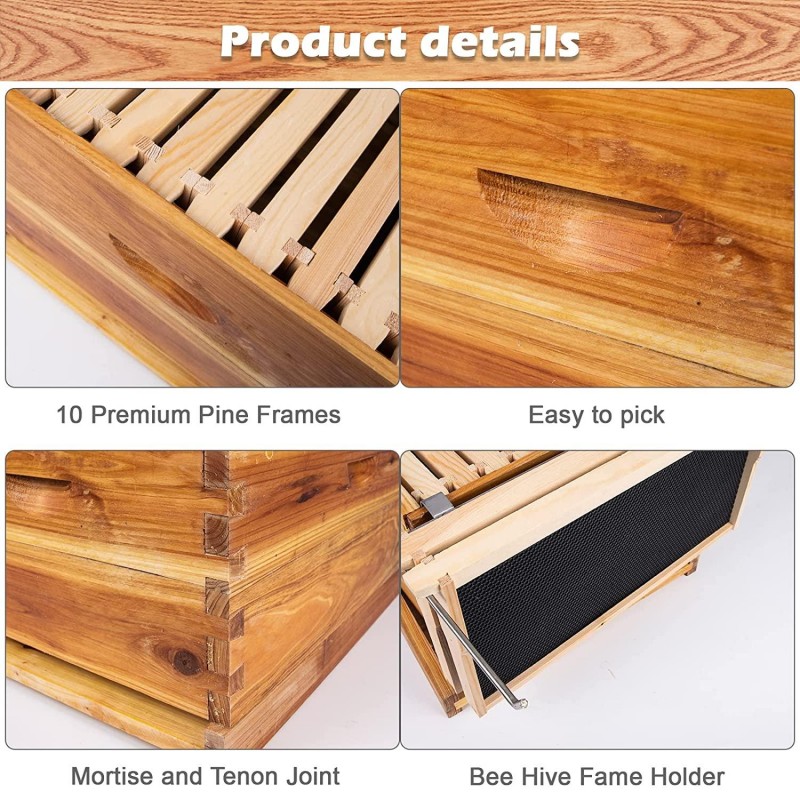 Beehive Starter Kit, 10-Frame Bee Hives & 24Pcs Beekeeping Supplies Tools Kit, Wax Coated and Painted Honey Bee Box and Professional Beekeeping Starter Tools
